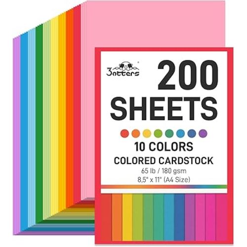 3 otters 200Sheets Construction Paper, Cardstock 8.5" x 11 ", 10 Assorted Colors Card Stock Printer Paper 65 lb/180 GSM, for Printing, DIY Craft, Kids School Supplies, Back to School, Party Decoration