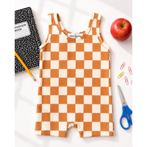 Gigi Bikeshort Romper - Orange Sunrise Check - Bailey's Blossoms