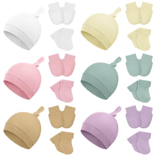 Cutecrop 6 Pcs Preemie Hats Mittens and Socks Set Cotton Preemie Cap Knotted Hat No Scratch Warm Terry Socks for Boys Girls