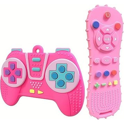 AALFA Baby Teething Toy, Soft TV Remote+Game Machine Shape Chew Set Intellectual Development Intellectual Development Educational Toy,Safe Silicone Toddler Infant (Pink (Handle+Remote Control))