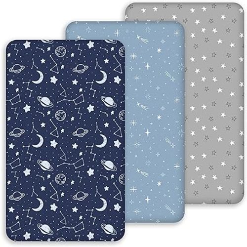 Baby Bassinet Sheets 33x20 for Baby Delight, Newton,Airclub,Maxi Cosi,Angelbliss,Dream on Me,Mika,Harppa,Amke,ezebaby Rectangle Bassinet Mattress - Navy Blue Planet 3 Pack Boy