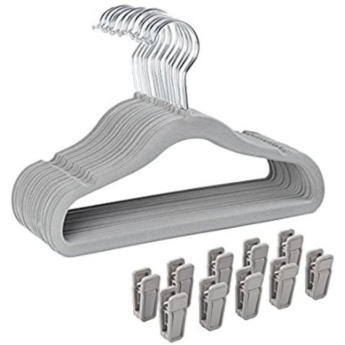 Finnhomy Non-Slip Clothes Hangers for Baby and Kids 30-Pack Velvet Hangers with 10 Finger Clips, Gray