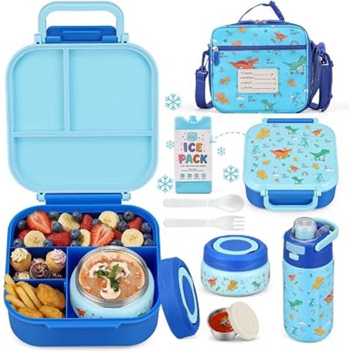 Bento Lunch Box for Kids with 7oz Soup Thermo,Insulated Stainless Steel Kids Water Bottle with Straw and Insulated Lunch Bag,Leak-Proof Lunch Food Container with Ice Pack for School(Blue-Dinosaur)