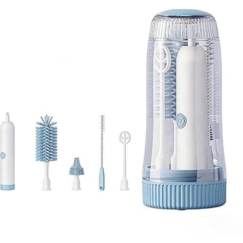 Portable Electric Silicone Bottle Brush Set, 7-in-1 UV Light USB Charging, Nipple/Straw Cleaner, Milk Mixer, Built-in Drying Rack & Storage Case, BPA-Free, IPX7, On-the-Go for New Parents (Sky)