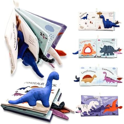 Dinosaur Baby Cloth Books Toy, Touch and Feel Crinkle Soft Books, with Dino Doll, Mirror and Tail, Newborn Infant Car seat Toy 0-6-18 Months Baby Shower Birthday Gifts for Boys Girls