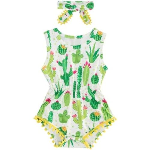 UNICOMIDEA Baby Girl Clothes 0-24 Months Floral Sleeveless Baby Cowgirl Newborn Romper Jumpsuit Outfit Set with Headband