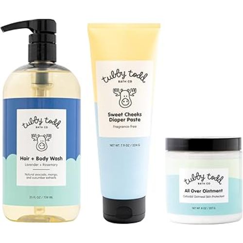 TUBBY TODD Baby Bundle Newborn Skin Care Set - Hypoallergenic Hair + Body Wash, All Over Ointment with Colloidal Oatmeal, Sweet Cheeks Diaper Paste - Lavender Rosemary, Full Size