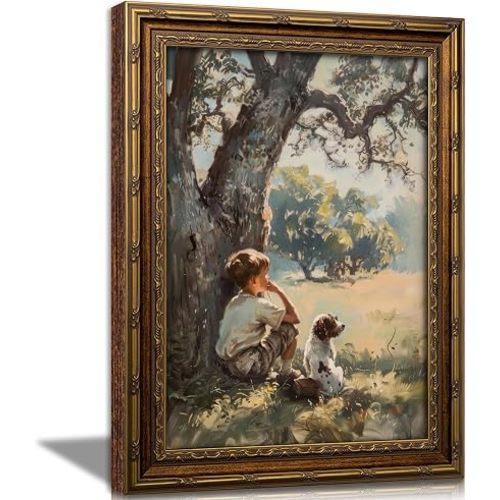 Wall Art, Vintage Boy and Dog Painting 16x24inch
