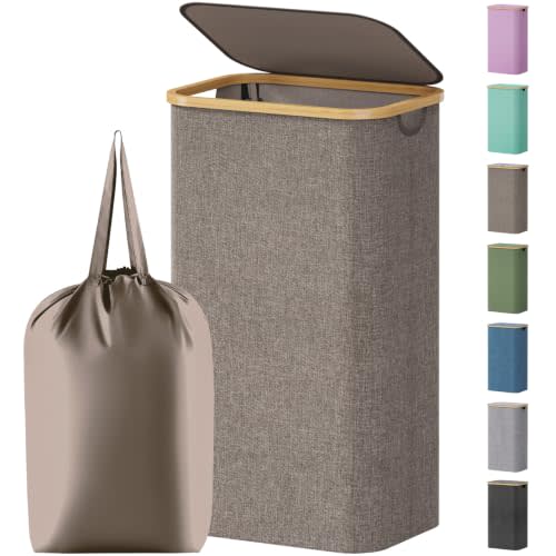 Lifewit 105L Large Laundry Basket with Lid, Removable Bags, Brown | Foldable Laundry Hamper with Bamboo Handles, Tall Laundry Bin, Dirty Clothes Hamper for Laundry Room, Bedroom, Bathroom, Dorm