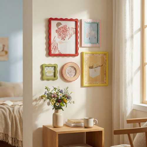 5 Piece Colorful Scalloped Picture Frames, Wavy Edge Photo Frame for Gallery Wall Art, Danish Pastel Room Decor, Vibrant Gift for Art Lovers