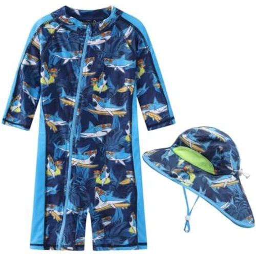 Baby Boy Swimsuit Rash Guard Toddler Sun Protection Swimwear Infant One Piece Bathing Suit with Sun Hat