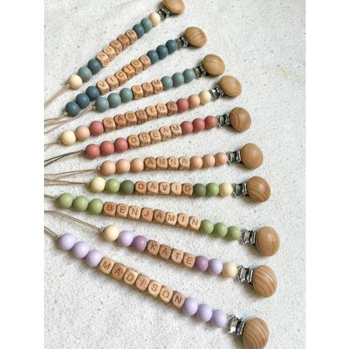 Personalized Pacifier Clip and Rattle set|Custom Baby shower Gift|Pastel Babygirl Binky Holder|Wooden Babyboy Dummy Chain|Newborn Gift