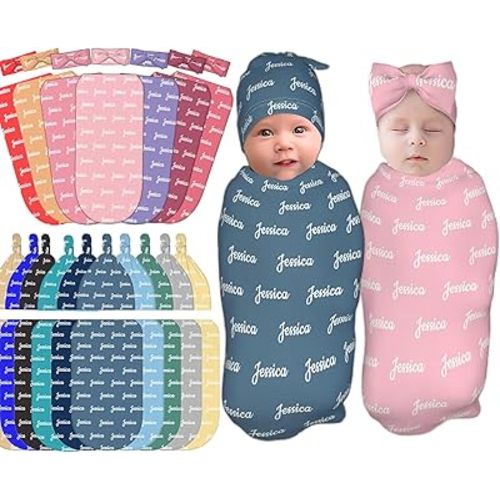 Personalized Baby Swaddle and Hat for Baby Girl Boy with Name Personalized Custom Baby Blankets for Girls Boys with Name Personalized Baby Items Girl Boy Gifts, 20.8''x11.4''