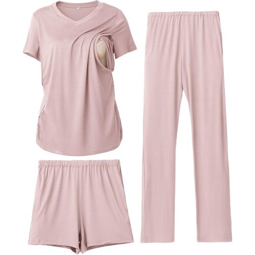 Rnxrbb 3 Piece Women's Maternity Nursing Pajamas Set V Neck Breastfeeding Pjs Sleepwear Postpartum Shorts&Pants Pockets