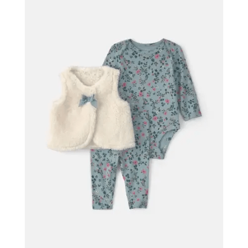 Baby Girl 3-Piece Floral Teddy Fleece Layering Set - Blue/Cream | Carter's