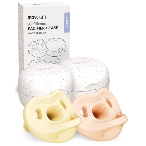 Moyuum Silicone Macaron Pacifier | Made in Korea, BPA Free One-Piece Design Baby Soother, Soft Orthodontic Shape with Air Holes, 2 Pack with Travel Case, Babies 3-6 Months (Yellow + Pink, Stage 2)