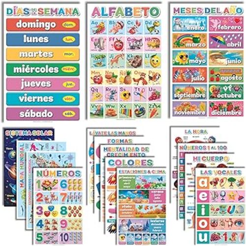 DeeDee's Workshop 16 Spanish Classroom Posters - Spanish Learning for Kids, Abecedario para Niños en Español, Days of the Week & Calendar