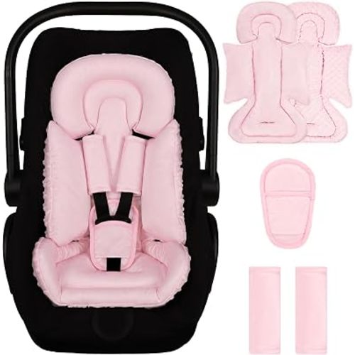 Infant Car Seat Insert with 3 Strap Covers, Reversible Car Seat Head Support for Baby Boys Girls, Soft & Breathable Mesh Newborn Carseat Insert for All Season, Strollers, Swings, Bouncer, Pink