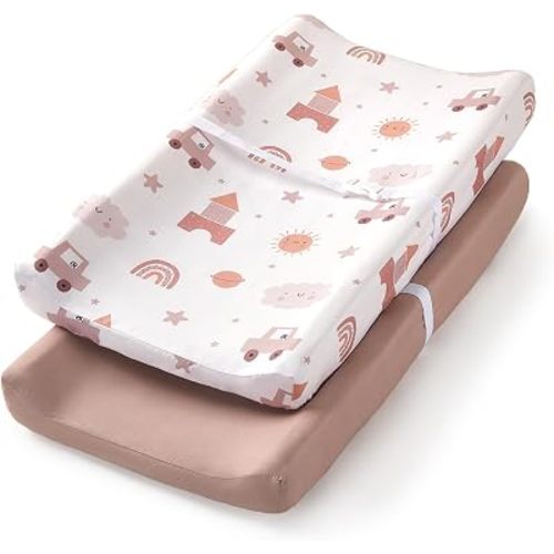 TILLYOU Changing Pad Cover Set in Soft Jersey Material - Fits 32"/34''x16 Contoured Pad for Babies, Block car