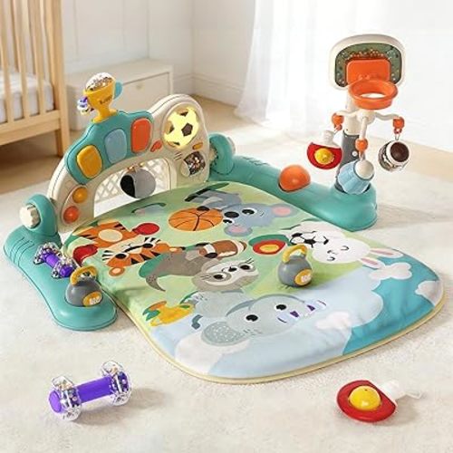 Jovow 3-in-1 Baby Gym Mat with Detachable Crib Mobile (Green)