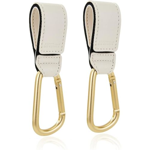 Stroller Hooks 2 Pack, Heavy Duty Leather Clips for Diaper Bags, Adjustable Carabiner Clips for Stroller, Bike, Wheelchair, Universal Stroller Accessories (White Hanging Strap with Gold Hook)
