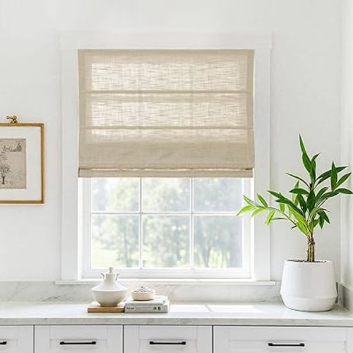 TWOPAGES Linen Roman Shades for Windows Custom Cordless Blinds for Indoor Windows,French Doors,Bedroom, Living Room, Bathroom(Light Khaki, Custom Made)
