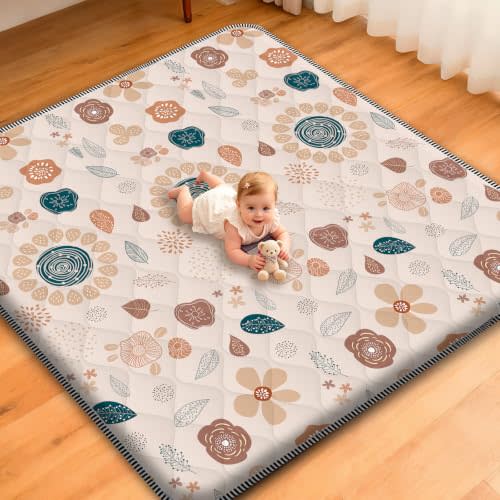 Baby Play Mat for Floor,71x59 Inch Soft Padding Crawling Mat for Playpen, Foldable and Machine Washable, Thick for Babies & Toddlers,Boho Flower