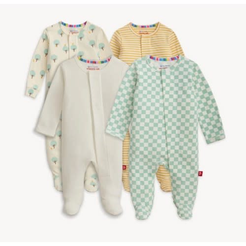 Magnetic 4-Pack Footie, 0-3 mo, Cypress / Sprout Check / Yellow / Creme