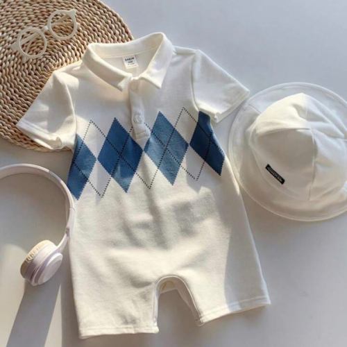 SHEIN 2pcs Set Includes Romper & Hat,Baby Boy Cute Argyle Pattern Lapel Romper With Hat,Blue And White Striped Summer Family Matching Christening Wedding | SHEIN USA