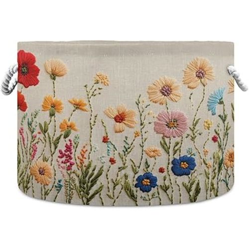 DOMIKING Large Storage Basket for Toys Embroidered Poppy Flower Beige Print Storage Bin Box Organizer Basket for Laundry Hamper Kid's Room Baby & Dog Toy