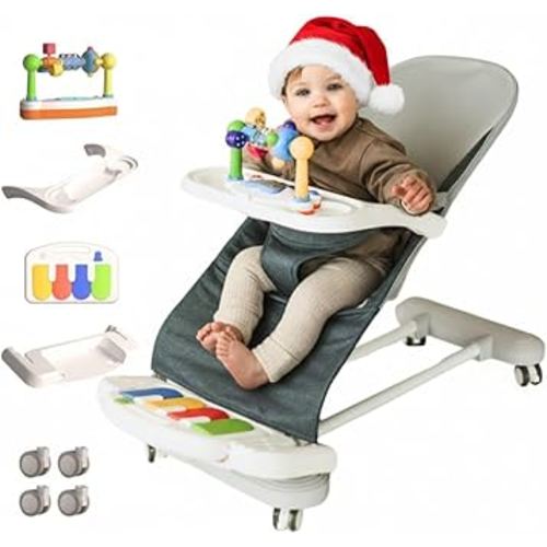 CuddoBaby Baby Bouncer 4-in-1 on Wheels |Detachable Pianos, Feeding Tray| 3-Level Recline Foldable Seat with Play Bar for Infant to Toddler 0-6, 0-12, 12-24 Months, Boy Gift Idea - Blue