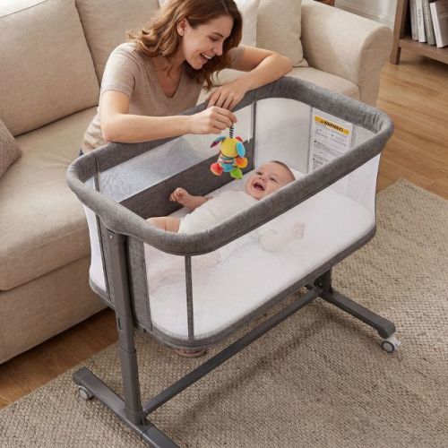 TODECARE Baby Bassinet Bedside Sleeper, 2 in 1 Bedside Sleeper with Wheels, All-Sided Mesh Infant Travel Crib for Toddlers, Gray