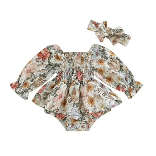 KMBANGI Infant Baby Girl Romper Off Shoulder Long Sleeve Ruffle Floral Jumpsuit Headband Onesie Boho Fall Winter 2PCS Outfits