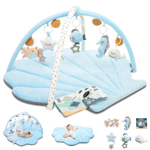 Baby Play Gym Mat, Oversize Tummy Time Activity Mat with 6 Detachable Toys for Infant 0-12 Months Sensory Exploration Skill Development,Blue