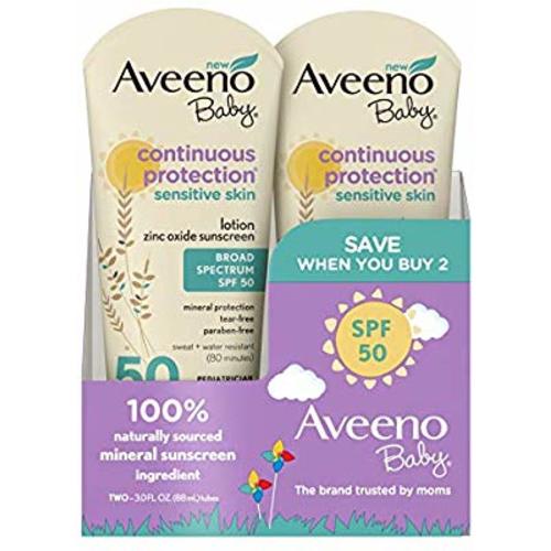Aveeno Baby Continuous Protection Zinc Oxide Mineral Sunscreen Lotion with Broad Spectrum SPF 50, 3 Fluid Ounce (2 Pack)
