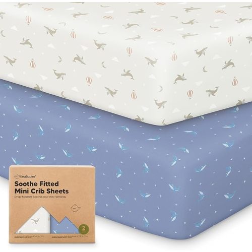 2-Pack Pack and Play Sheets Fitted - 38x26 Blue Mini Crib Sheets for Boys, Girls Pack N Play Mattress, Soft, Breathable Cotton Toddler Bedding, Neutral, Mini Baby Crib Mattress Cover (Marine Muse)