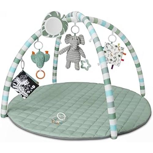 Blissful Diary Baby Play Gym Mat, Play Mat Activity Mat with 6 Detachable Toys for Stage-Based Sensory & Motor Skill Development, Easy to Install & Clean, Baby Essentials Gift, Sage Green
