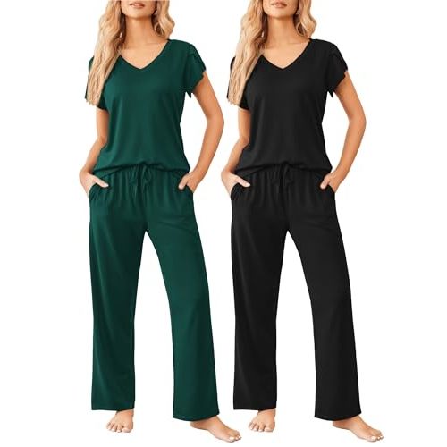Ekouaer 2 Pack Womens Pajamas Short Sleeve Sleepwear Top with Pants Super-Soft Printed Lounge Sets S-XXL