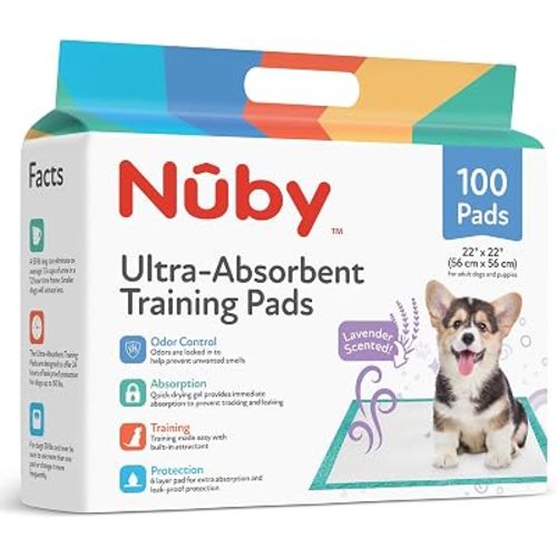 Nuby Pets Lavender Scent Puppy Training Pads 22x22, 100 Count, Ultra-Absorbent Dog Pee Pads with Quick-Dry Layers and Leak Protection