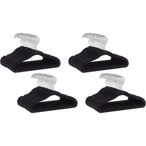 Amazon Basics Kids Space Saving Velvet Non-Slip Clothes Hangers with Shoulder Notches for Infant and Toddler, 11.6", Black, 50 Count (Pack of 4)