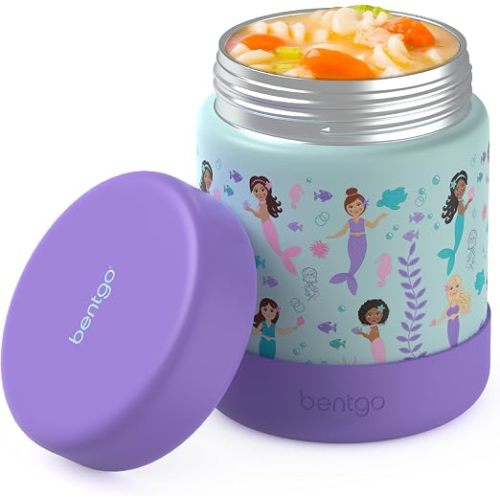 Bentgo Kids Stainless Steel Leak-Proof Food Jar for Hot or Cold Food | 11 fl oz Double Insulated Container with Removable Silicone Bumper, Dishwasher Safe, Easy Open Lid, Ages 3+ (Mermaids)