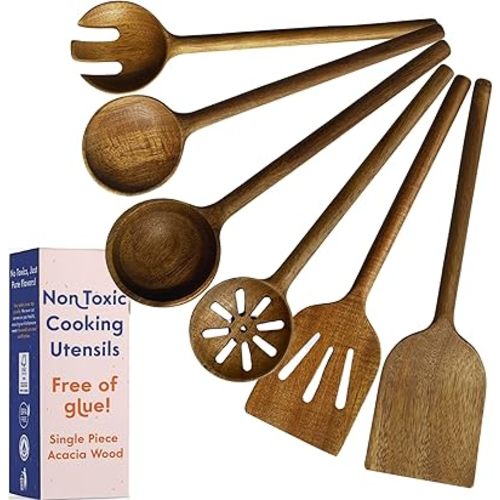Non-Toxic Acacia Wooden Utensils Set, 6-Piece, Glue and Mineral Oil Free