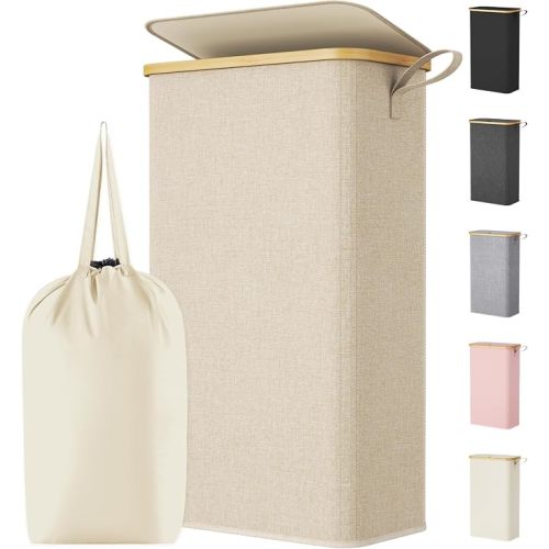 Lifewit 75L Slim Laundry Hamper with Lid, Narrow Laundry Basket with Removable Bag & Bamboo Handles, Fodable Thin Dirty Clothes Hamper for Laundry Collapsible Bin for Bathroom Bedroom Dorm, Beige