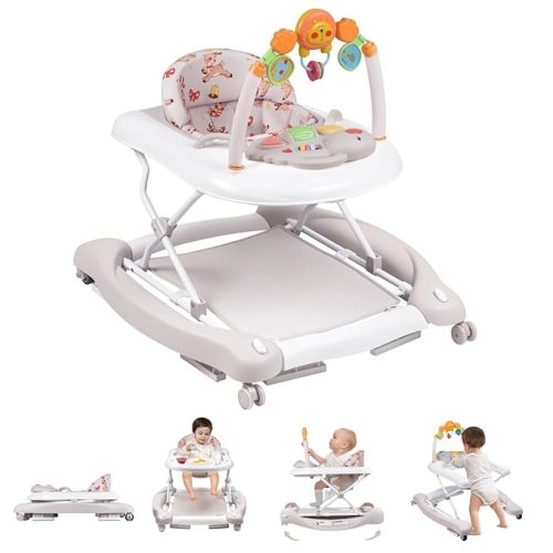 Baby Walker, 5 in 1 Baby Walkers for Boys Girls 6-12 Months, Foldable Walkers for Babies with Bouncer & Feeding Tray, Music, Adjustable Heights, Activity Walker for Infant