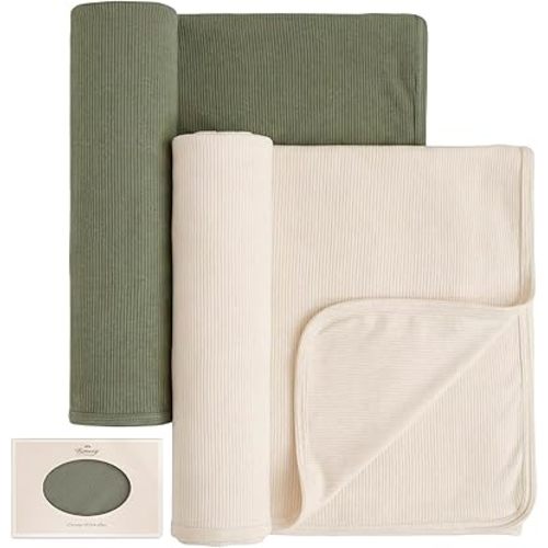 Konssy Knit Baby Blanket 2 Pack, Soft Ribbed Swaddle Receiving Blankets for Boys & Girls, Lightweight Cozy Swaddling Wrap for Newborns, Infants, & Toddlers, 33x42 Inch (Beige, Sage)