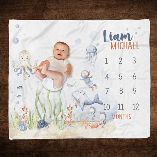 Under the Sea Milestone Blanket, Boy Ocean Animals Milestone Blanket, Under The Sea nursery, Baby Growth Blanket, Newborn Ocean Blanket