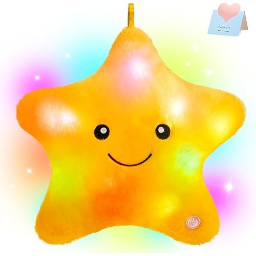 WEWILL 9'' LED Twinkle Star Soft Plush Pillow Toys Glowing Stuffed Star Light up Pillow Plush with Colorful Night Lights Birthday for Toddler Kids(Yellow)