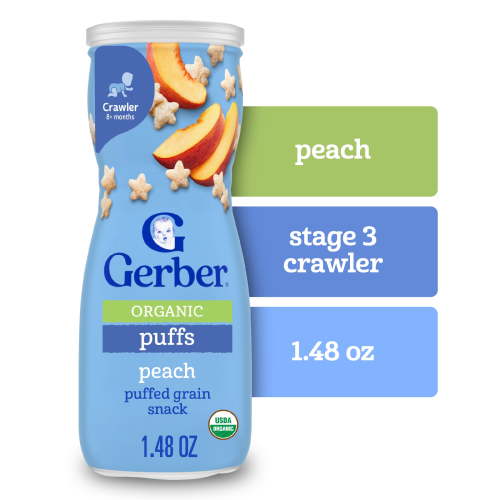 Gerber Stage 3 Baby Snacks, Organic Peach Puffs, Puffed Grain Snack, Baby Led Feeding 1.48 oz