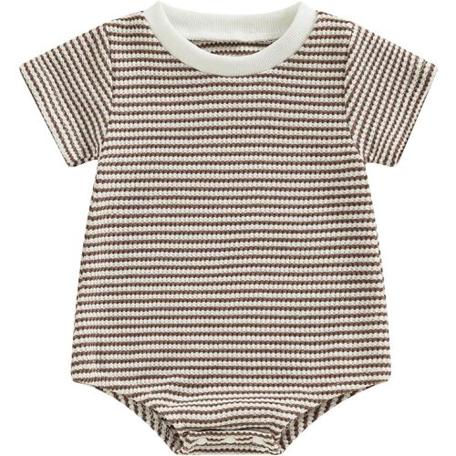 Newborn Baby Girl Boy Clothes Short Sleeve Stripe Bubble Romper Waffle Bodysuit Tshirt Cute Summer Outfit - Khaki - 0-3 Months