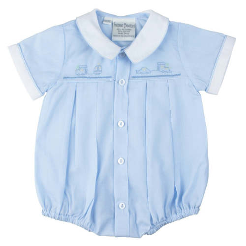 Embroidered Train Creeper- Blue/White